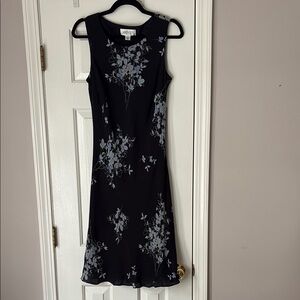 Black and Gray Floral silk Midi Dress